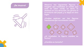 ¡Se mueve! Observa las siguientes figuras e
imagina que trasladas el rombo que
está en color verde, es decir, lo
deslizas en una dirección, sin girarlo ni
levantarlo del papel, y lo dejas en otro
lugar.
¿Cuáles podrían ser las figuras
resultantes del movimiento rombo?
¿Al trasladar la figura, cambia su
forma?
¿Cambia su tamaño?
d
a b c
e
 