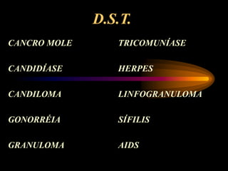 D.S.T.
CANCRO MOLE
CANDIDÍASE
CANDILOMA
GONORRÉIA
GRANULOMA
TRICOMUNÍASE
HERPES
LINFOGRANULOMA
SÍFILIS
AIDS
 
