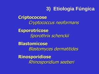 3)  Etiologia Fúngica Criptococose Cryptococcus neoformans Esporotricose  Sporothrix schenckii Blastomicose   Blastomyces dermatitides Rinosporidiose Rhinosporidium seeberi 