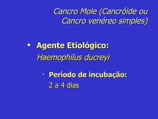Cancro Mole (Cancróide ou Cancro venéreo simples) Agente Etiológico: Haemophilus ducreyi Período de incubação: 2 a 4 dias 