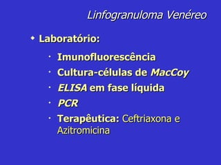 Linfogranuloma Venéreo Imunofluorescência Cultura-células de  MacCoy ELISA  em fase líquida PCR Terapêutica:  Ceftriaxona e Azitromicina Laboratório: 