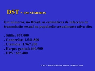 DST   -  EM NÚMEROS Em números, no Brasil, as estimativas de infecções de  transmissão sexual na população sexualmente ativa são: . Sífilis: 937.000 . Gonorréia: 1.541.800 . Clamídia: 1.967.200 . Herpes genital: 640.900 . HPV: 685.400 FONTE: MINISTÉRIO DA SAÚDE – BRASIL 2009  