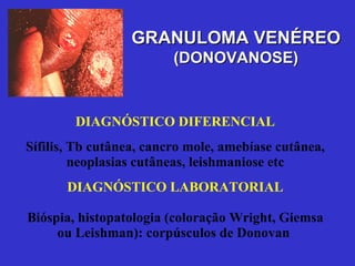 DIAGNÓSTICO DIFERENCIAL Sífilis, Tb cutânea, cancro mole, amebíase cutânea, neoplasias cutâneas, leishmaniose etc DIAGNÓSTICO LABORATORIAL Bióspia, histopatologia (coloração Wright, Giemsa ou Leishman):  corpúsculos de Donovan  GRANULOMA VENÉREO (DONOVANOSE) 