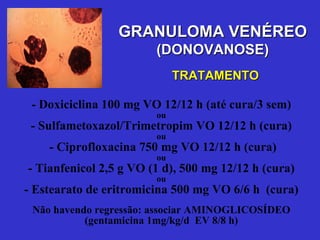 -  Doxiciclina  100 mg VO 12/12 h (até cura/3 sem) ou -  Sulfametoxazol/Trimetropim  VO 12/12 h (cura) ou  -  Ciprofloxacina  750 mg VO 12/12 h (cura) ou -  Tianfenicol   2,5 g VO (1 d), 500 mg 12/12 h (cura) ou -  Estearato de eritromicina  500 mg VO 6/6 h  (cura) Não havendo regressão: associar AMINOGLICOSÍDEO ( gentamicina  1mg/kg/d  EV 8/8 h) TRATAMENTO GRANULOMA VENÉREO (DONOVANOSE) 