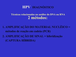 HPV  DIAGNÓSTICO 1. AMPLIFICAÇÃO DO MATERIAL NUCLÊICO = métodos de reação em cadeia (PCR)  2. AMPLIFICAÇÃO DE SINAL = hibridização (CAPTURA HÍBRIDA) Técnicas relacionadas na análise do DNA ou RNA 2 métodos:   