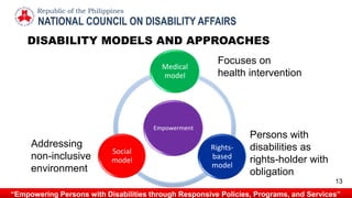 NATIONAL COUNCIL ON DISABILITY AFFAIRS
Republic of the Philippines
“Empowering Persons with Disabilities through Responsive Policies, Programs, and Services”
Empowerment
Medical
model
Rights-
based
model
Social
model
Focuses on
health intervention
Addressing
non-inclusive
environment
Persons with
disabilities as
rights-holder with
obligation
DISABILITY MODELS AND APPROACHES
13
 