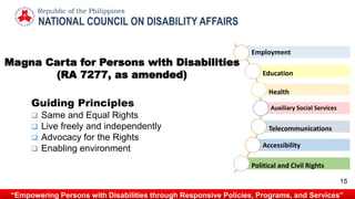 Employment
Education
Health
Auxiliary Social Services
Telecommunications
Accessibility
Political and Civil Rights
Guiding Principles
 Same and Equal Rights
 Live freely and independently
 Advocacy for the Rights
 Enabling environment
NATIONAL COUNCIL ON DISABILITY AFFAIRS
Republic of the Philippines
“Empowering Persons with Disabilities through Responsive Policies, Programs, and Services”
Magna Carta for Persons with Disabilities
(RA 7277, as amended)
15
 
