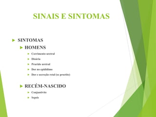 SINAIS E SINTOMAS
 SINTOMAS
 HOMENS
 Corrimento uretral
 Disúria
 Prurido uretral
 Dor no epidídimo
 Dor e secreção retal (se proctite)
 RECÉM-NASCIDO
 Conjuntivite
 Sepsis
 