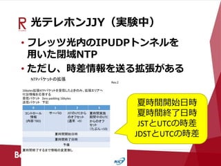 光テレホンJJY（実験中）
• フレッツ光内のIPUDPトンネルを
用いた閉域NTP
• ただし、時差情報を送る拡張がある
夏時間開始日時
夏時間終了日時
JSTとUTCの時差
JDSTとUTCの時差
 
