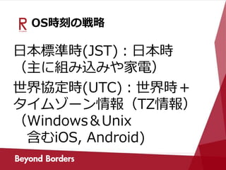 OS時刻の戦略
日本標準時(JST)：日本時
（主に組み込みや家電）
世界協定時(UTC)：世界時＋
タイムゾーン情報（TZ情報）
（Windows＆Unix
含むiOS, Android)
 