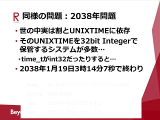 同様の問題：2038年問題
• 世の中実は割とUNIXTIMEに依存
• そのUNIXTIMEを32bit Integerで
保管するシステムが多数…
•time_tがint32だったりすると…
• 2038年1月19日3時14分7秒で終わり
 