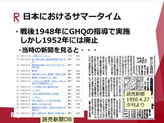 日本におけるサマータイム
• 戦後1948年にGHQの指導で実施
しかし1952年には廃止
•当時の新聞を見ると・・・
読売新聞
1950.4.27
夕刊より
読売新聞DB
 