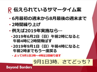伝えられているサマータイム案
• 6月最初の週末から8月最後の週末まで
• 2時間繰り上げ
• 例えば2019年実施なら…
•2019年6月2日（日）午前2時になると
午前4時に2時間飛ばす
•2019年9月1日（日）午前4時になると
午前2時までもう一度戻る
• よって9月1日2時～4時は2回繰り返す
9月1日3時、さてどっち？
 