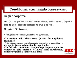 Condiloma acuminado  (“Crista de Galo”) Causado pelo vírus HPV (Vírus do Papiloma Humano); Crescem mais rapidamente durante a gravidez e em pacientes com imunidade deprimida; A falta de tratamento adequado pode predispor ao câncer do colo uterino  e vulva, mais raramente, câncer do pênis e também do ânus. Sinais e Sintomas:   Verrugas não dolorosas, isoladas ou agrupadas. Região corpórea:   Oral (HIV+),  glande, prepúcio, meato uretral, vulva, períneo, vagina e colo do útero, podendo aparecer no ânus e no reto . 