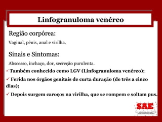 Linfogranuloma venéreo Também conhecido como LGV (Linfogranuloma venéreo); Ferida nos órgãos genitais de curta duração (de três a cinco dias);  Depois surgem caroços na virilha, que se rompem e soltam pus. Região corpórea: Vaginal, pênis, anal e virilha. Sinais e Sintomas: Abscesso, inchaço, dor, secreção purulenta.   