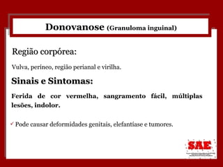 Donovanose  (Granuloma inguinal) Sinais e Sintomas: Ferida de cor vermelha, sangramento fácil, múltiplas lesões, indolor. Região corpórea: Vulva, períneo, região perianal e virilha. Pode causar deformidades genitais, elefantíase e tumores. 