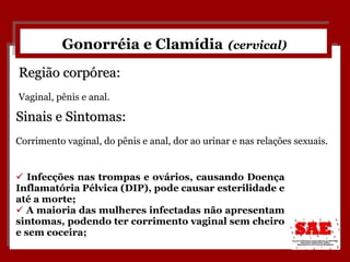 Infecções nas trompas e ovários, causando Doença Inflamatória Pélvica (DIP), pode causar esterilidade e até a morte; A maioria das mulheres infectadas não apresentam sintomas, podendo ter corrimento vaginal sem cheiro e sem coceira; Gonorréia e Clamídia   (cervical) Sinais e Sintomas:   Corrimento vaginal, do pênis e anal, dor ao urinar e nas relações sexuais. Região corpórea:   Vaginal, pênis e anal. 