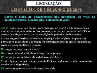 Art. 1o Constitui crime punível com reclusão, de 1 (um) a 4 (quatro) anos, e
multa, as seguintes condutas discriminatórias contra o portador do HIV e o
doente de aids, em razão da sua condição de portador ou de doente:
I - recusar, procrastinar, cancelar ou segregar a inscrição ou impedir que
permaneça como aluno em creche ou estabelecimento de ensino de qualquer
curso ou grau, público ou privado;
II - negar emprego ou trabalho;
III - exonerar ou demitir de seu cargo ou emprego;
IV - segregar no ambiente de trabalho ou escolar;
V - divulgar a condição do portador do HIV ou de doente de aids, com intuito
de ofender a dignidade;
VI - recusar ou retardar atendimento de saúde.
Define o crime de discriminação dos portadores do vírus da
imunodeficiência humana (HIV) e doentes de aids.
LEI Nº 12.984, DE 2 DE JUNHO DE 2014.
 