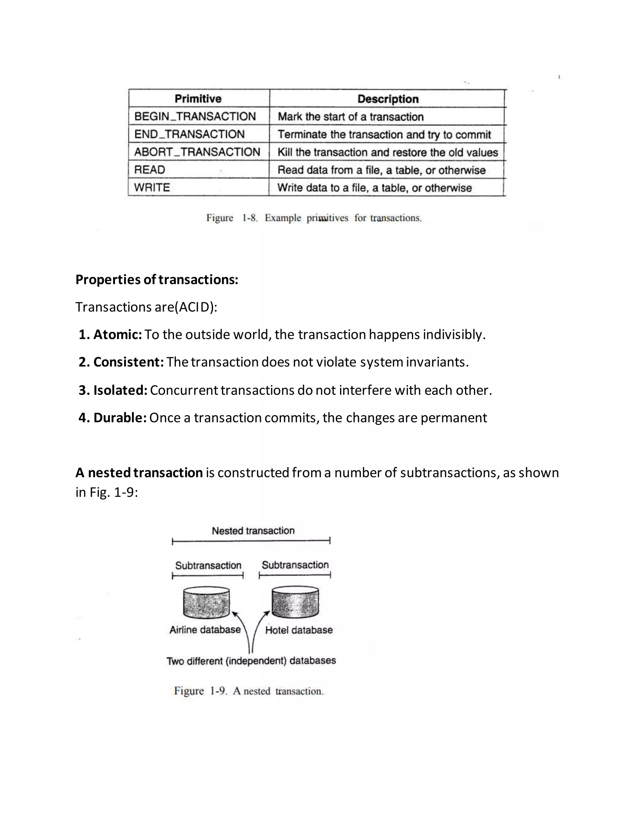 Properties of transactions:
Transactions are(ACID):
1. Atomic: To the outside world, the transaction happens indivisibly.
2. Consistent: Thetransaction does not violate systeminvariants.
3. Isolated: Concurrenttransactions do not interfere with each other.
4. Durable: Once a transaction commits, the changes are permanent
A nestedtransaction is constructed froma number of subtransactions, as shown
in Fig. 1-9:
 