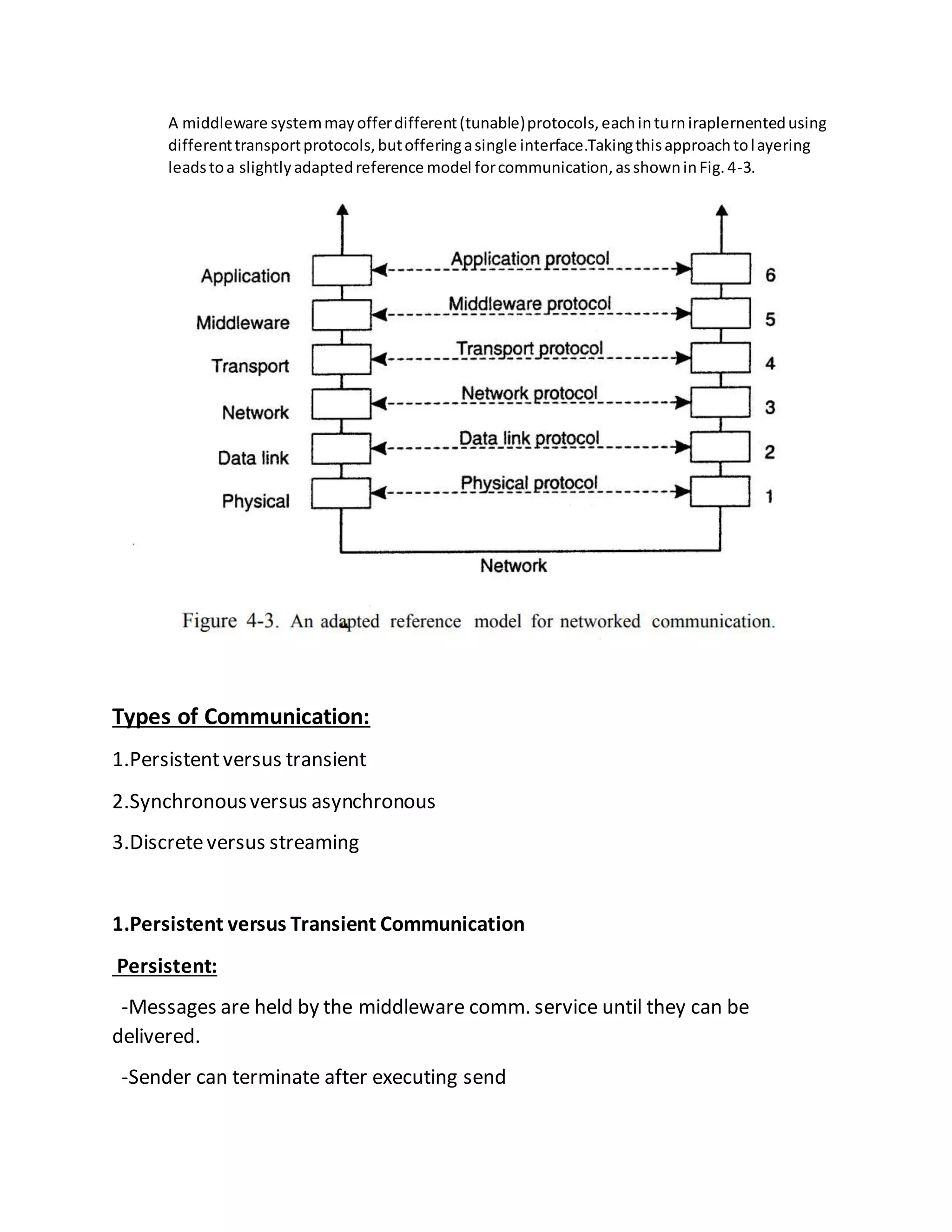 A middleware systemmayofferdifferent(tunable)protocols,eachinturniraplernentedusing
differenttransportprotocols,butofferingasingle interface.Takingthisapproachtolayering
leadstoa slightlyadaptedreference model forcommunication,asshowninFig.4-3.
Types of Communication:
1.Persistentversus transient
2.Synchronousversus asynchronous
3.Discreteversus streaming
1.Persistent versus Transient Communication
Persistent:
-Messages are held by the middleware comm. service until they can be
delivered.
-Sender can terminate after executing send
 