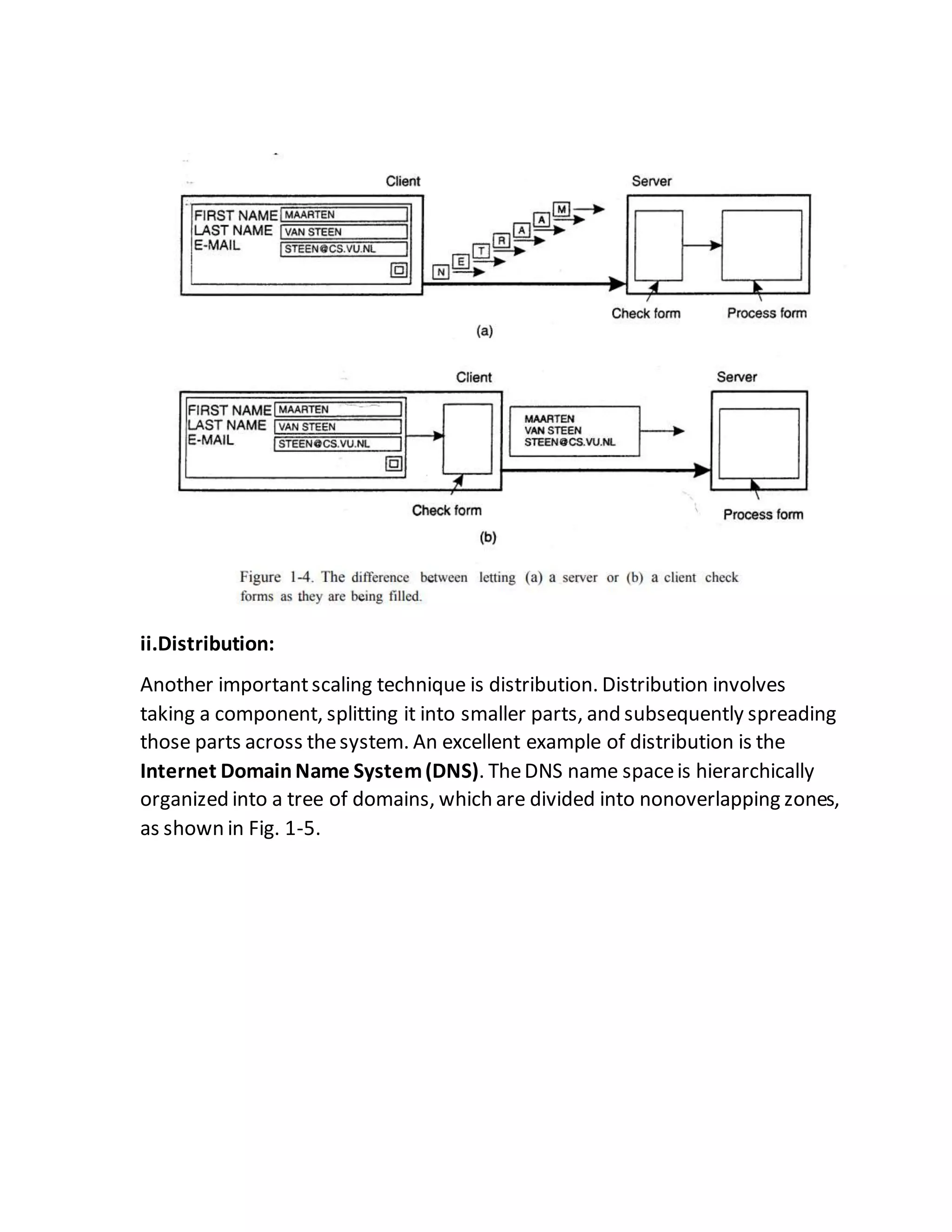 ii.Distribution:
Another importantscaling technique is distribution. Distribution involves
taking a component, splitting it into smaller parts, and subsequently spreading
those parts across thesystem. An excellent example of distribution is the
Internet DomainName System(DNS). TheDNS name spaceis hierarchically
organized into a tree of domains, which are divided into nonoverlapping zones,
as shown in Fig. 1-5.
 