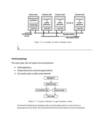 GridComputing:
The next step: lots of nodes fromeverywhere:
 Heterogeneous
 Dispersed across severalorganizations
 Can easily span a wide-area network
[To allowforcollaborations,gridsgenerallyuse virtual organizations.Inessence,thisisa
groupingof users(or better:theirIDs) thatwill allow forauthorizationonresource allocation]
 