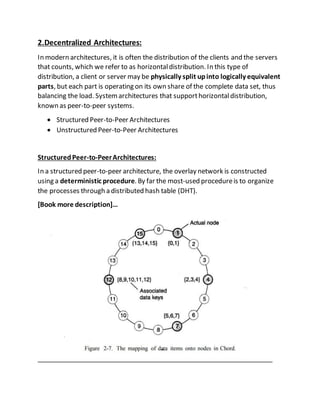 2.Decentralized Architectures:
In modern architectures, it is often the distribution of the clients and the servers
that counts, which we refer to as horizontaldistribution. In this type of
distribution, a client or server may be physically split upinto logically equivalent
parts, but each part is operating on its own share of the complete data set, thus
balancing the load. Systemarchitectures that supporthorizontaldistribution,
known as peer-to-peer systems.
 Structured Peer-to-Peer Architectures
 Unstructured Peer-to-Peer Architectures
StructuredPeer-to-PeerArchitectures:
In a structured peer-to-peer architecture, the overlay network is constructed
using a deterministic procedure. By far the most-used procedureis to organize
the processes through a distributed hash table (DHT).
[Book more description]…
 