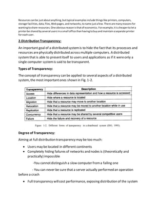 Resourcescanbe justaboutanything,buttypical examplesinclude thingslike printers,computers,
storage facilities,data,files,Webpages,andnetworks,toname justafew.There are manyreasonsfor
wantingtoshare resources.One obviousreasonisthatof economics.Forexample,itischeapertoleta
printerbe sharedbyseveral usersina small office thanhavingtobuyand maintainaseparate printer
for eachuser.
2.DistributionTransparency:
An important goal of a distributed systemis to hide the fact that its processes and
resources arephysically distributed across multiple computers. A distributed
systemthat is able to presentitself to users and applications as if it wereonly a
single computer systemis said to be transparent.
Types of Transparency:
The concept of transparency can be applied to severalaspects of a distributed
system, the most importantones shown in Fig. 1-2.
Degree of Transparency:
Aiming at full distribution transparency may be too much:
 Users may be located in different continents
 Completely hiding failures of networks and nodes is (theoretically and
practically) impossible
-You cannotdistinguish a slow computer froma failing one
- You can never be sure that a server actually performed an operation
before a crash
 Full transparency willcost performance, exposing distribution of the system
 