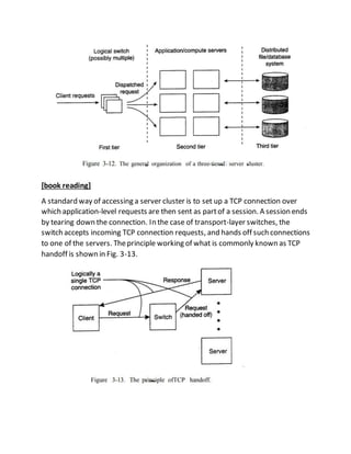 [book reading]
A standard way of accessing a server cluster is to set up a TCP connection over
which application-level requests are then sent as partof a session. A session ends
by tearing down the connection. In the case of transport-layer switches, the
switch accepts incoming TCP connection requests, and hands off such connections
to one of the servers. Theprinciple working of what is commonly known as TCP
handoff is shown in Fig. 3-13.
 