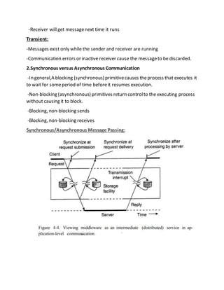 -Receiver will get messagenext time it runs
Transient:
-Messages exist only while the sender and receiver are running
-Communication errors or inactive receiver cause the messageto be discarded.
2.Synchronous versus Asynchronous Communication
-In general,A blocking (synchronous) primitivecauses theprocess that executes it
to wait for someperiod of time beforeit resumes execution.
-Non-blocking (asynchronous) primitives return controlto the executing process
without causing it to block.
-Blocking, non-blocking sends
-Blocking, non-blocking receives
Synchronous/Asynchronous Message Passing:
 