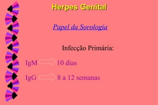 Papel da Sorologia
Infecção Primária:
IgM 10 dias
IgG 8 a 12 semanas
Herpes GenitalHerpes Genital
 