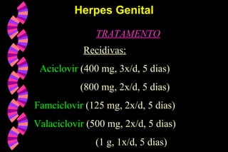 TRATAMENTO
Recidivas:
Aciclovir (400 mg, 3x/d, 5 dias)
(800 mg, 2x/d, 5 dias)
Famciclovir (125 mg, 2x/d, 5 dias)
Valaciclovir (500 mg, 2x/d, 5 dias)
(1 g, 1x/d, 5 dias)
Herpes GenitalHerpes Genital
 