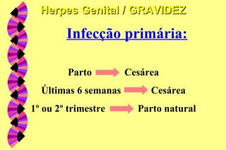 Infecção primária:
Parto Cesárea
Últimas 6 semanas Cesárea
1º ou 2º trimestre Parto natural
Herpes Genital / GRAVIDEZHerpes Genital / GRAVIDEZ
 