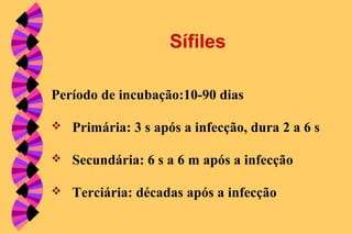 Sífiles
Período de incubação:10-90 dias
 Primária: 3 s após a infecção, dura 2 a 6 s
 Secundária: 6 s a 6 m após a infecção
 Terciária: décadas após a infecção
 
