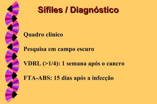 Quadro clínico
Pesquisa em campo escuro
VDRL (>1/4): 1 semana após o cancro
FTA-ABS: 15 dias após a infecção
Sífiles / DiagnósticoSífiles / Diagnóstico
 