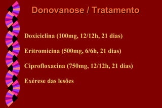 Doxiciclina (100mg, 12/12h, 21 dias)
Eritromicina (500mg, 6/6h, 21 dias)
Ciprofloxacina (750mg, 12/12h, 21 dias)
Exérese das lesões
Donovanose / TratamentoDonovanose / Tratamento
 