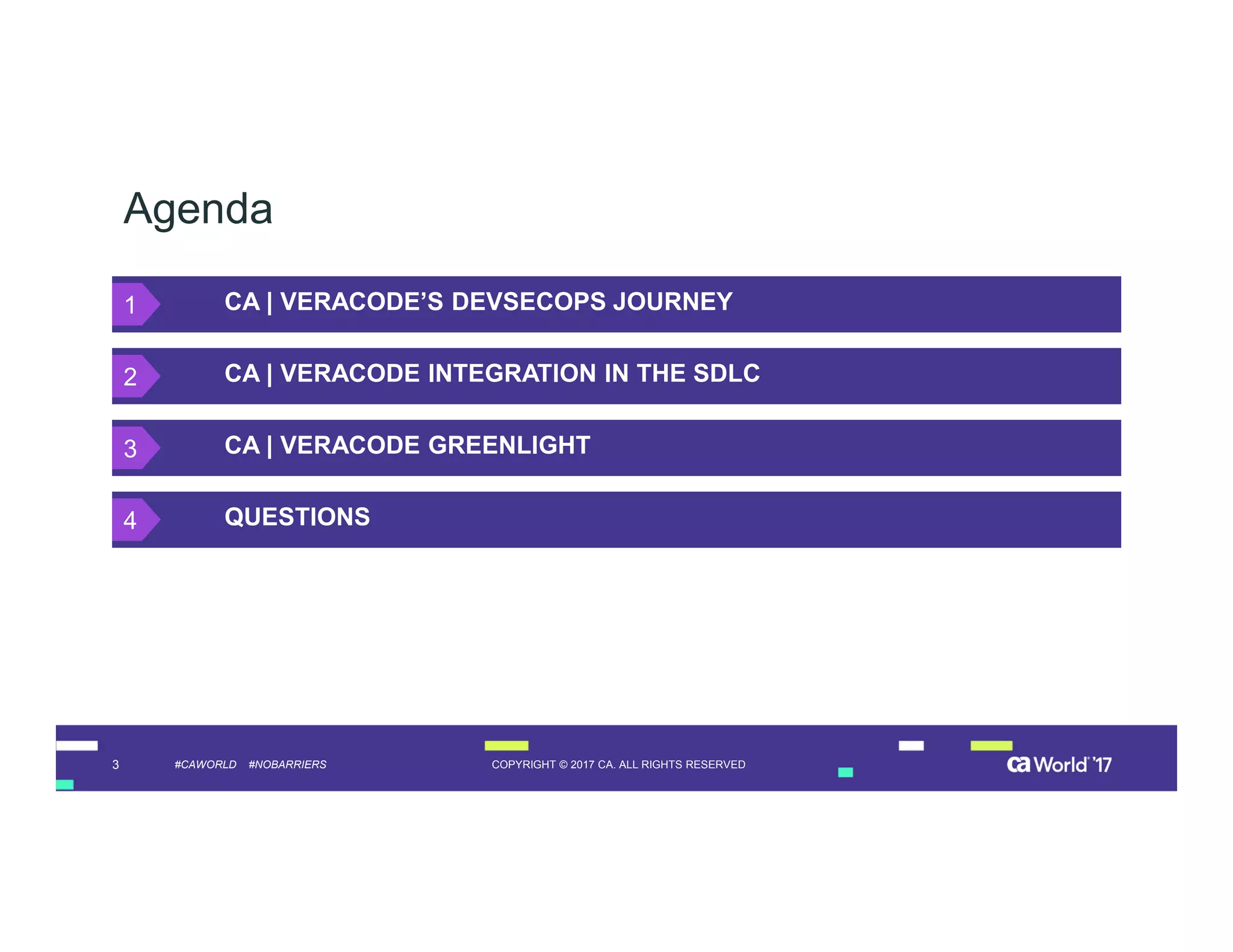3 COPYRIGHT © 2017 CA. ALL RIGHTS RESERVED#CAWORLD #NOBARRIERS
Agenda
CA | VERACODE’S DEVSECOPS JOURNEY
CA | VERACODE INTEGRATION IN THE SDLC
CA | VERACODE GREENLIGHT
QUESTIONS
1
2
3
4
 
