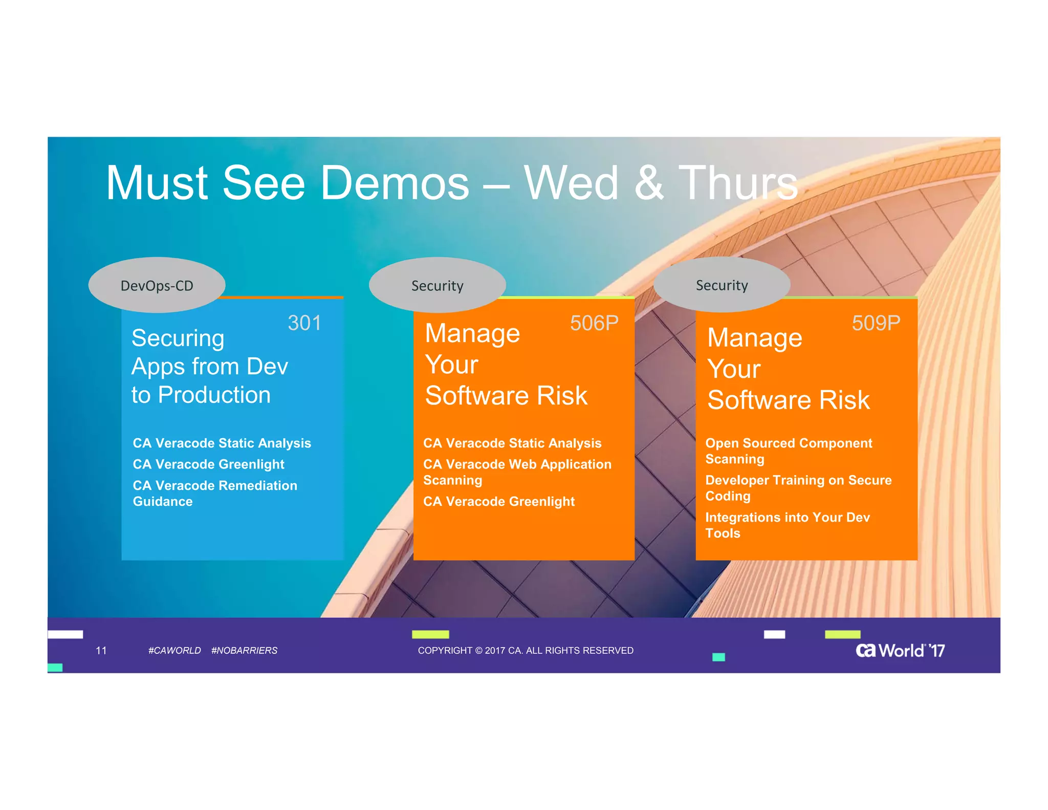 11 COPYRIGHT © 2017 CA. ALL RIGHTS RESERVED#CAWORLD #NOBARRIERS
Must See Demos – Wed & Thurs
Securing
Apps from Dev
to Production CA Veracode Static Analysis
CA Veracode Greenlight
CA Veracode Remediation
Guidance
Manage
Your
Software Risk
Open Sourced Component
Scanning
Developer Training on Secure
Coding
Integrations into Your Dev
Tools
301
Manage
Your
Software Risk
CA Veracode Static Analysis
CA Veracode Web Application
Scanning
CA Veracode Greenlight
CA Veracode Static Analysis
CA Veracode Greenlight
CA Veracode Remediation
Guidance
506P 509P
DevOps-CD SecuritySecurity
 