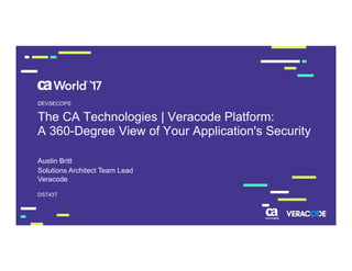 The CA Technologies | Veracode Platform:
A 360-Degree View of Your Application's Security
Austin Britt
DST43T
DEVSECOPS
Solutions Architect Team Lead
Veracode
 