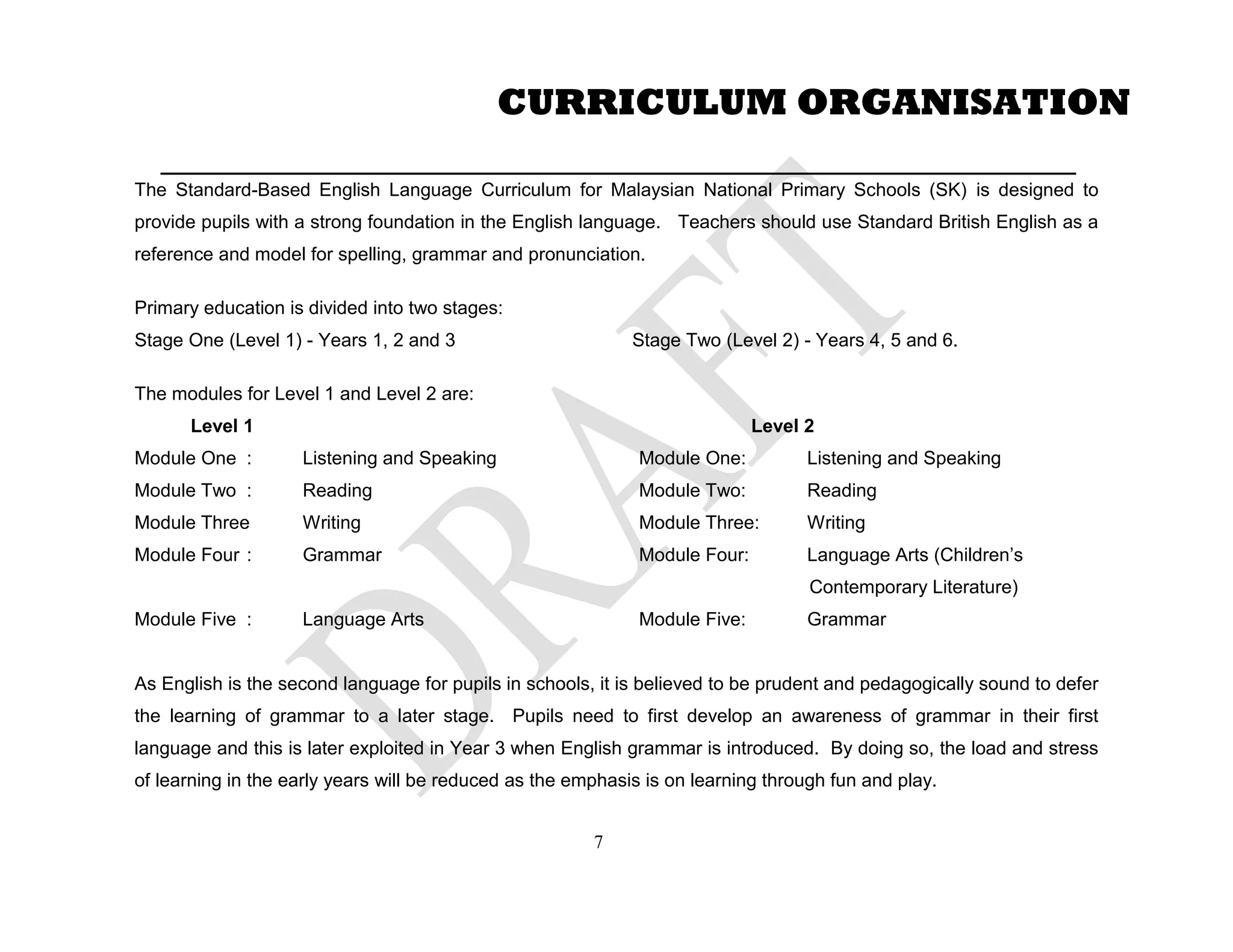 _________________________________________________
The Standard-Based English Language Curriculum for Malaysian National Primary Schools (SK) is designed to
provide pupils with a strong foundation in the English language. Teachers should use Standard British English as a
reference and model for spelling, grammar and pronunciation.
Primary education is divided into two stages:
Stage One (Level 1) - Years 1, 2 and 3 Stage Two (Level 2) - Years 4, 5 and 6.
The modules for Level 1 and Level 2 are:
Level 1 Level 2
Module One : Listening and Speaking Module One: Listening and Speaking
Module Two : Reading Module Two: Reading
Module Three Writing Module Three: Writing
Module Four : Grammar Module Four: Language Arts (Children’s
Contemporary Literature)
Module Five : Language Arts Module Five: Grammar
As English is the second language for pupils in schools, it is believed to be prudent and pedagogically sound to defer
the learning of grammar to a later stage. Pupils need to first develop an awareness of grammar in their first
language and this is later exploited in Year 3 when English grammar is introduced. By doing so, the load and stress
of learning in the early years will be reduced as the emphasis is on learning through fun and play.
CURRICULUM ORGANISATION
7
 