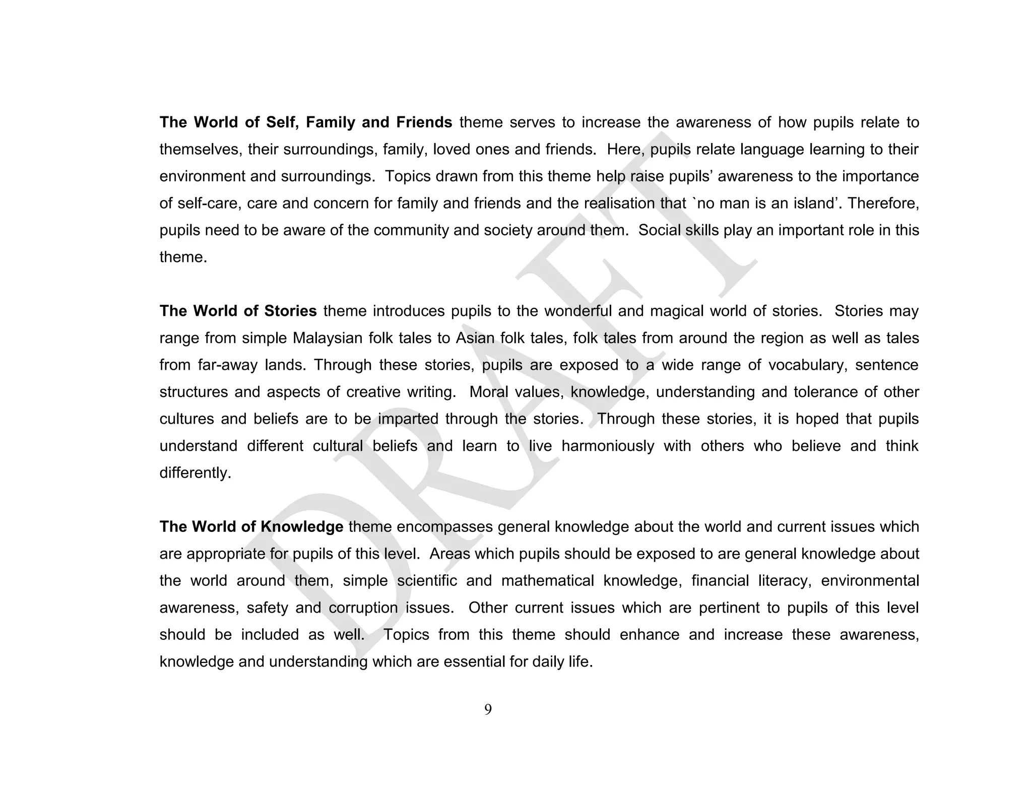 The World of Self, Family and Friends theme serves to increase the awareness of how pupils relate to
themselves, their surroundings, family, loved ones and friends. Here, pupils relate language learning to their
environment and surroundings. Topics drawn from this theme help raise pupils’ awareness to the importance
of self-care, care and concern for family and friends and the realisation that `no man is an island’. Therefore,
pupils need to be aware of the community and society around them. Social skills play an important role in this
theme.
The World of Stories theme introduces pupils to the wonderful and magical world of stories. Stories may
range from simple Malaysian folk tales to Asian folk tales, folk tales from around the region as well as tales
from far-away lands. Through these stories, pupils are exposed to a wide range of vocabulary, sentence
structures and aspects of creative writing. Moral values, knowledge, understanding and tolerance of other
cultures and beliefs are to be imparted through the stories. Through these stories, it is hoped that pupils
understand different cultural beliefs and learn to live harmoniously with others who believe and think
differently.
The World of Knowledge theme encompasses general knowledge about the world and current issues which
are appropriate for pupils of this level. Areas which pupils should be exposed to are general knowledge about
the world around them, simple scientific and mathematical knowledge, financial literacy, environmental
awareness, safety and corruption issues. Other current issues which are pertinent to pupils of this level
should be included as well. Topics from this theme should enhance and increase these awareness,
knowledge and understanding which are essential for daily life.
9
 