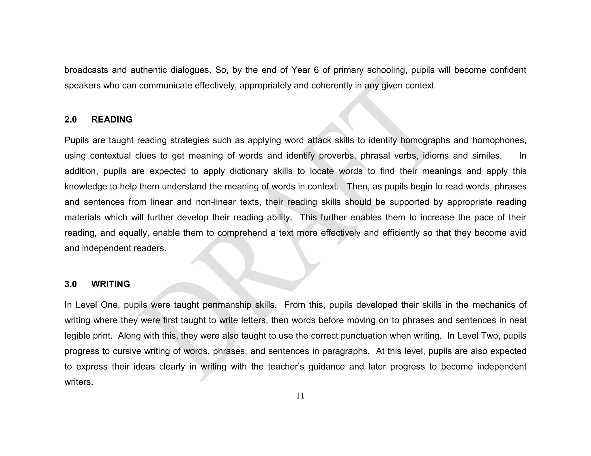 broadcasts and authentic dialogues. So, by the end of Year 6 of primary schooling, pupils will become confident
speakers who can communicate effectively, appropriately and coherently in any given context
2.0 READING
Pupils are taught reading strategies such as applying word attack skills to identify homographs and homophones,
using contextual clues to get meaning of words and identify proverbs, phrasal verbs, idioms and similes. In
addition, pupils are expected to apply dictionary skills to locate words to find their meanings and apply this
knowledge to help them understand the meaning of words in context. Then, as pupils begin to read words, phrases
and sentences from linear and non-linear texts, their reading skills should be supported by appropriate reading
materials which will further develop their reading ability. This further enables them to increase the pace of their
reading, and equally, enable them to comprehend a text more effectively and efficiently so that they become avid
and independent readers.
3.0 WRITING
In Level One, pupils were taught penmanship skills. From this, pupils developed their skills in the mechanics of
writing where they were first taught to write letters, then words before moving on to phrases and sentences in neat
legible print. Along with this, they were also taught to use the correct punctuation when writing. In Level Two, pupils
progress to cursive writing of words, phrases, and sentences in paragraphs. At this level, pupils are also expected
to express their ideas clearly in writing with the teacher’s guidance and later progress to become independent
writers.
11
 