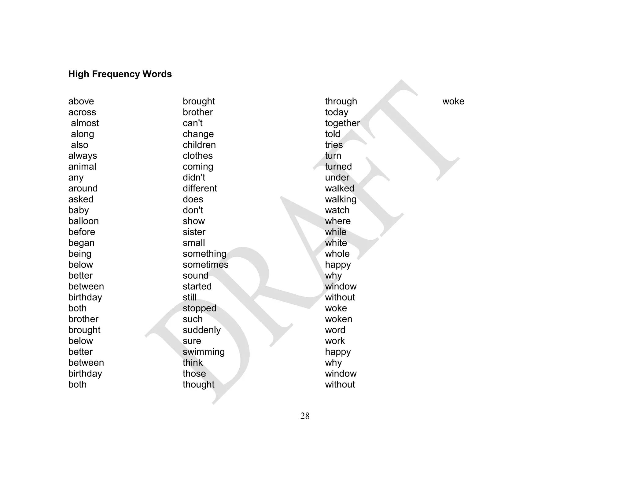 High Frequency Words
above brought through woke
across brother today
almost can't together
along change told
also children tries
always clothes turn
animal coming turned
any didn't under
around different walked
asked does walking
baby don't watch
balloon show where
before sister while
began small white
being something whole
below sometimes happy
better sound why
between started window
birthday still without
both stopped woke
brother such woken
brought suddenly word
below sure work
better swimming happy
between think why
birthday those window
both thought without
28
 