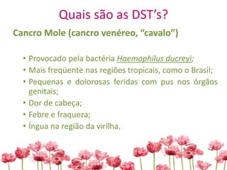 Quais são as DST’s?
Cancro Mole (cancro venéreo, “cavalo”)
• Provocado pela bactéria Haemophilus ducreyi;
• Mais freqüente nas regiões tropicais, como o Brasil;
• Pequenas e dolorosas feridas com pus nos órgãos
genitais;
• Dor de cabeça;
• Febre e fraqueza;
• Íngua na região da virilha.
 