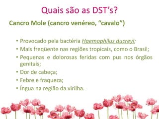 Quais são as DST’s?
Cancro Mole (cancro venéreo, “cavalo”)
• Provocado pela bactéria Haemophilus ducreyi;
• Mais freqüente nas regiões tropicais, como o Brasil;
• Pequenas e dolorosas feridas com pus nos órgãos
genitais;
• Dor de cabeça;
• Febre e fraqueza;
• Íngua na região da virilha.
 