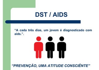 “A cada três dias, um jovem é diagnosticado com
aids.”.
“PREVENÇÃO, UMA ATITUDE CONSCIÊNTE”
DST / AIDS
 