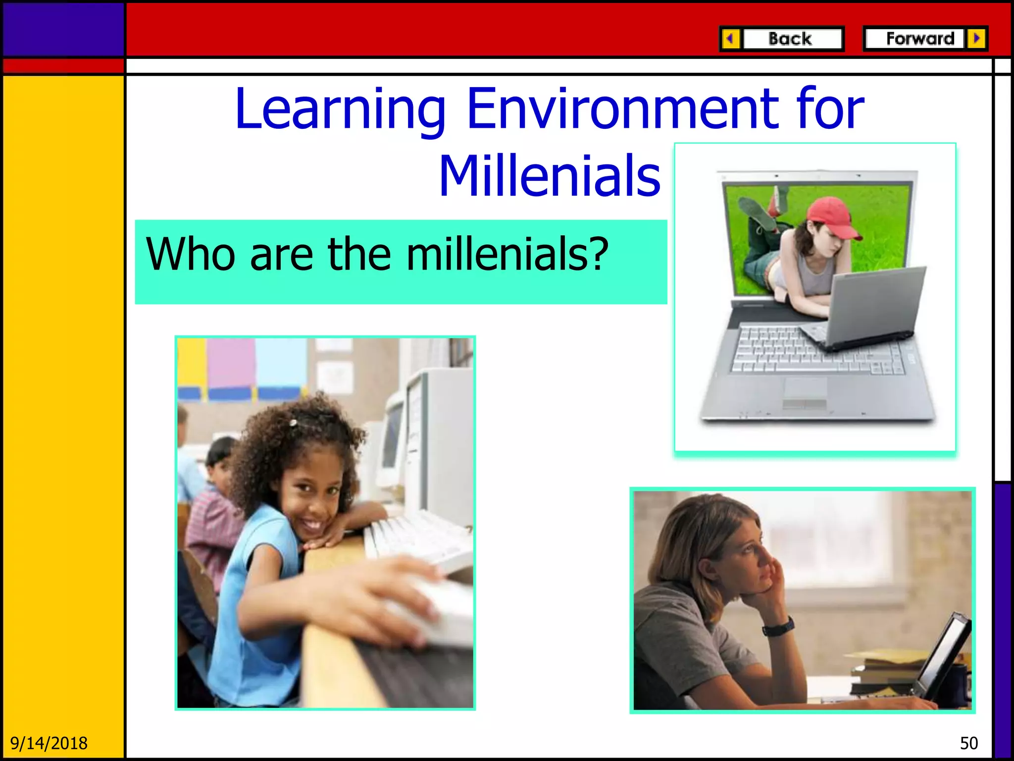 Learning Environment for
Millenials
9/14/2018 50
Who are the millenials?
 