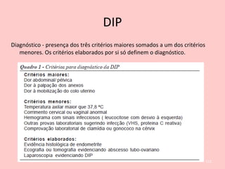 DIP
Diagnóstico - presença dos três critérios maiores somados a um dos critérios
menores. Os critérios elaborados por si só definem o diagnóstico.
112
 