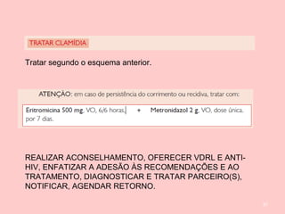 87
Tratar segundo o esquema anterior.
REALIZAR ACONSELHAMENTO, OFERECER VDRL E ANTI-
HIV, ENFATIZAR A ADESÃO ÀS RECOMENDAÇÕES E AO
TRATAMENTO, DIAGNOSTICAR E TRATAR PARCEIRO(S),
NOTIFICAR, AGENDAR RETORNO.
 