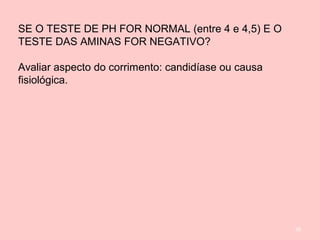 98
SE O TESTE DE PH FOR NORMAL (entre 4 e 4,5) E O
TESTE DAS AMINAS FOR NEGATIVO?
Avaliar aspecto do corrimento: candidíase ou causa
fisiológica.
 